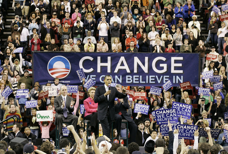 Barack Obama speaks at a rally in Seattle in 2008 on his way to becoming the first black president of the United States. His election has not improved racial attitudes in the past four years, an AP poll has found, with anti-black and anti-Hispanic sentiments increasing.