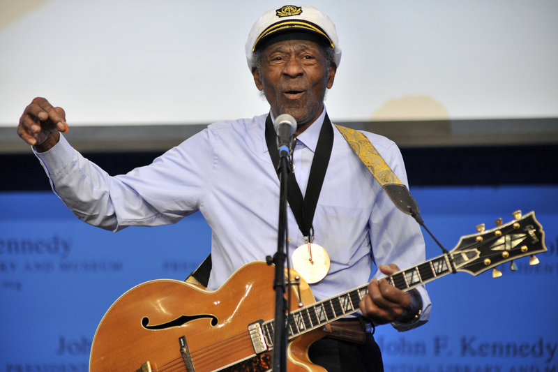 Musician Chuck Berry plays his hit “Johnny B. Goode” at the John F. Kennedy Presidential Library and Museum in Boston last February, when he received PEN New England’s inaugural award for Song Lyrics of Literary Excellence.