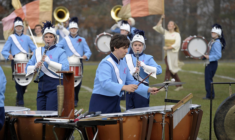The Westbrook High School Band has plenty of kettle drum action providing the beat as it performs in the 2012 Maine Band Directors Association Marching Band Finals hosted by Old Orchard Beach on Saturday.
