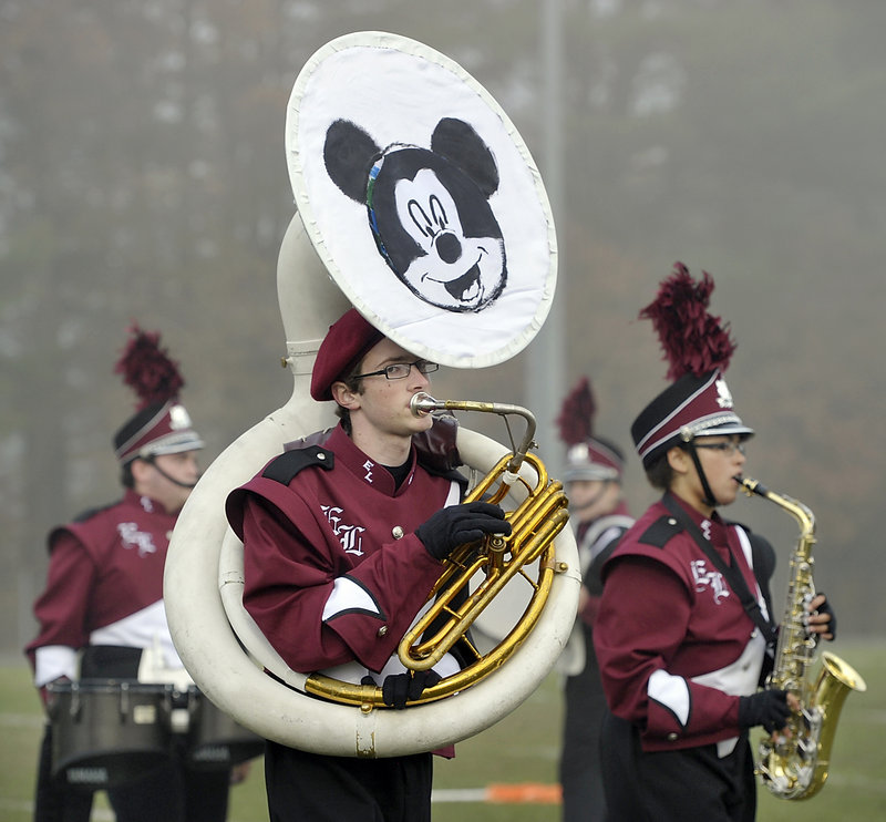 Mickey Mouse adorns the lead tuba as Edward Little High School’s marching band plays to a Disney theme in the 2012 Maine Band Directors Association Marching Band Finals hosted by Old Orchard Beach on Saturday.