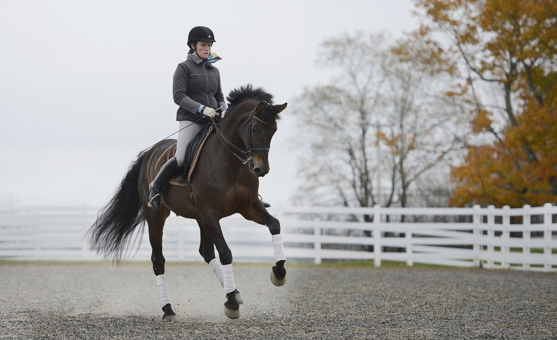 Gwyneth McPherson, director and lead trainer at the Pineland Farms Equestrian Center, demonstrates dressage on Flair, the center’s star dressage horse, during the New England Dressage Association Fall Symposium at Pineland Farms in New Gloucester on Sunday.