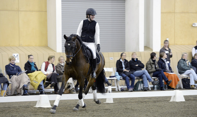 Hana Poulin of Pownal demonstrates dressage while riding Caliente during the New England Dressage Association Fall Symposium at Pineland Farms in New Gloucester on Sunday.