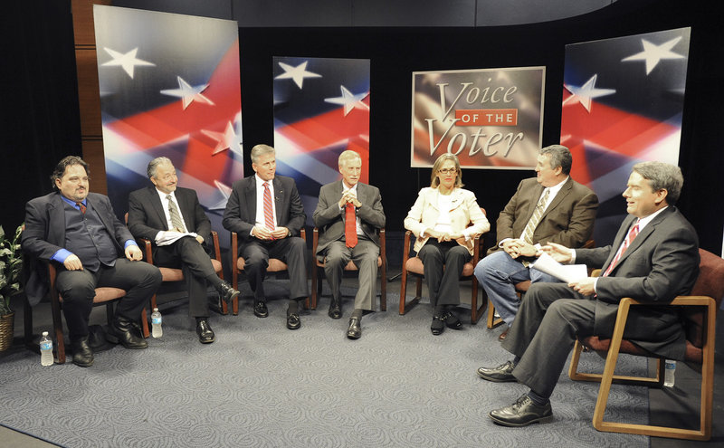 All six candidates for the open U.S. Senate seat in Maine participate in a debate moderated by Pat Callaghan, right, at the WCSH studios in Portland on Monday night. The candidates are, from left: Andrew Ian Dodge, an independent from Harpswell; Danny Dalton, independent from Brunswick; Charlie Summers, Republican from Scarborough; Angus King, independent from Brunswick; Cynthia Dill, Democrat candidate from Cape Elizabeth; and Steve Woods, independent from Yarmouth.