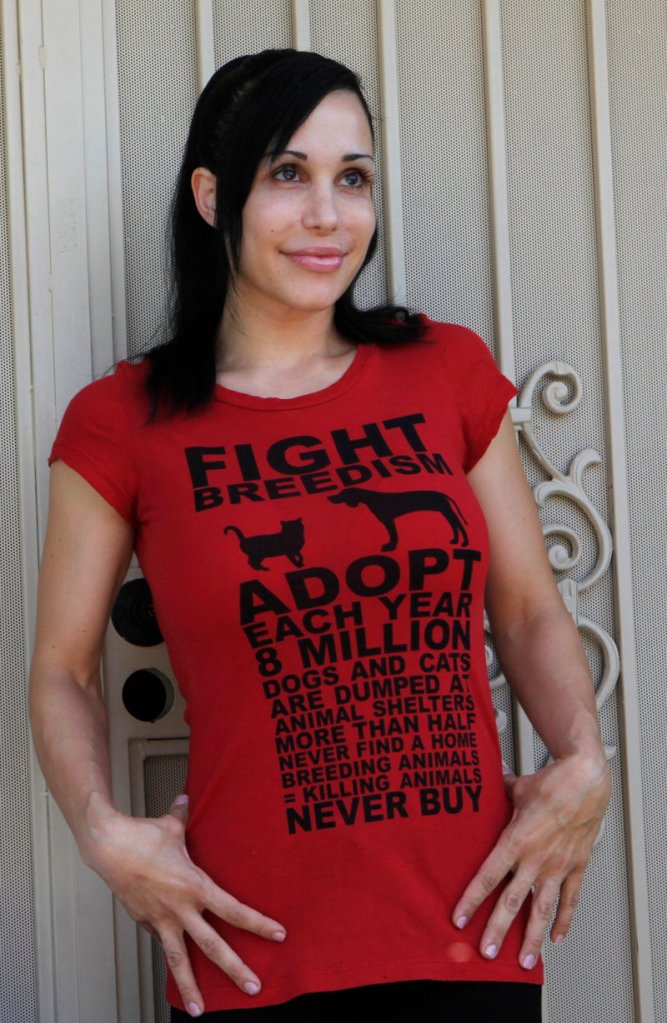 “Octomom” Nadya Suleman wears a T-shirt promoting pet birth control in this 2010 photo. The mother of 14 has checked herself into a rehab.