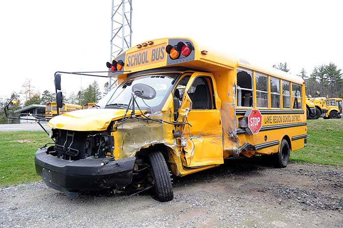 The school bus involved in a fatal collision on Route 302 in Bridgton that killed 74-year-old Jacqueline Ingalls of Casco.