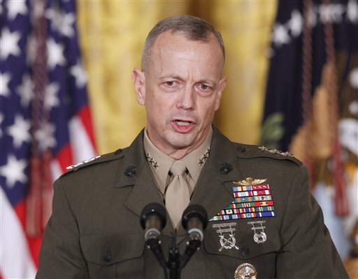 FILE -- In an April 28, 2011 file photo Marine Corps Lt. Gen. John Allen, speaks in the East Room of the White House in Washington. The sex scandal that led to CIA Director David Petraeus' downfall widened Tuesday with word the top U.S. commander in Afghanistan is under investigation for thousands of alleged "inappropriate communications" with another woman involved in the case. (AP Photo/Charles Dharapak/file)