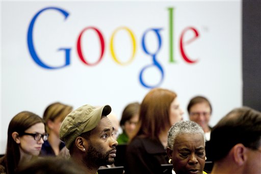 FILE - In this Wednesday, Oct. 17, 2012, file photo, people attend a workshop, "New York Get Your Business Online," at Google offices in New York. Google Inc.'s stock plunged suddenly on Thursday, Oct. 18, 2012, after a contractor prematurely released the search company's third-quarter earnings report. (AP Photo/Mark Lennihan, File)