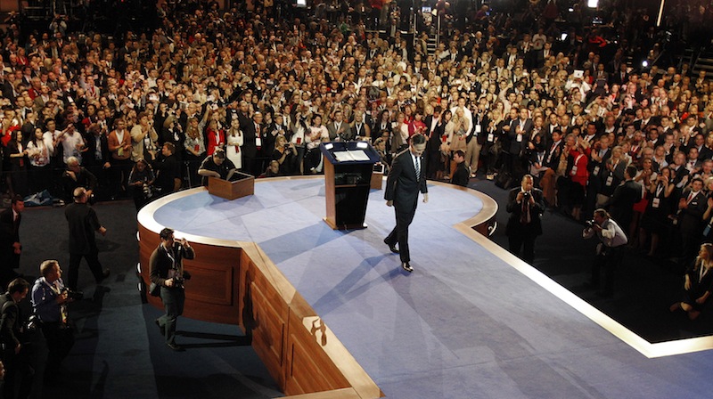 Republican presidential candidate and former Massachusetts Gov. Mitt Romney walks away from the podium after conceding the race during his election night rally, Wednesday, Nov. 7, 2012, in Boston. (AP Photo/Stephan Savoia, Pool)