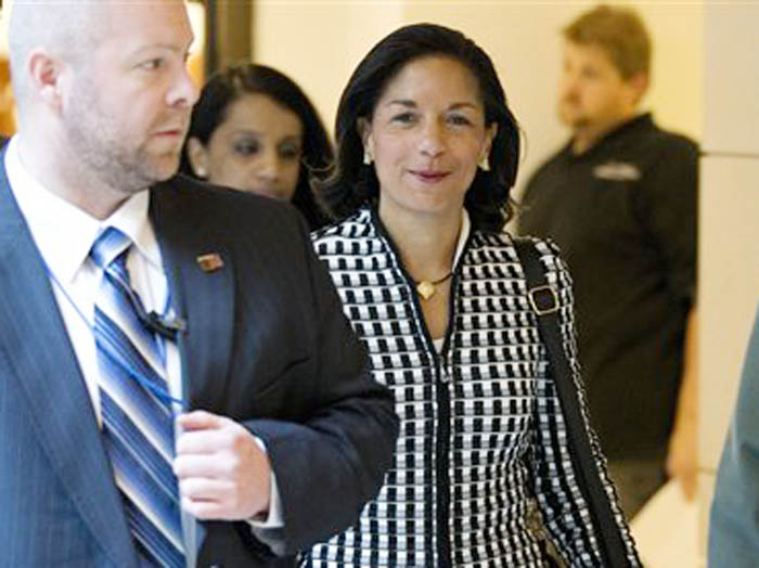 UN Ambassador Susan Rice arrives for a meeting on Capitol Hill in Washington with Sen. Susan Collins, R- Maine, and Sen. Corker, R-Tenn., to discuss the Benghazi terrorist attack.