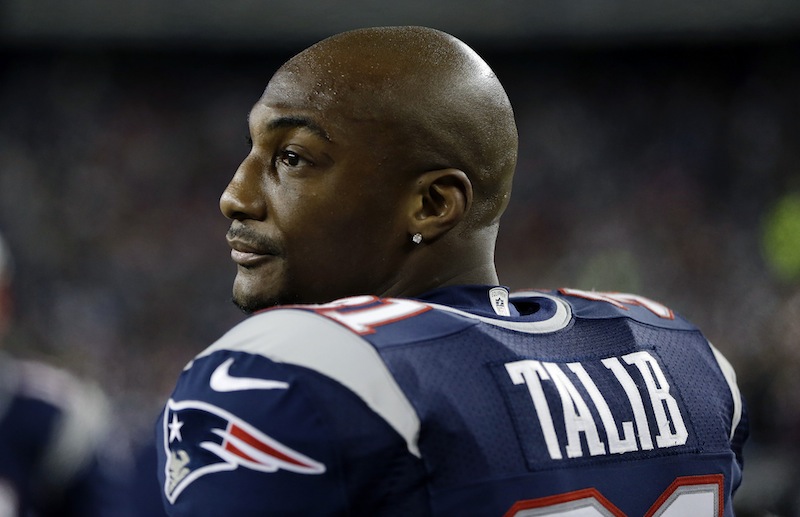 New England Patriots cornerback Aqib Talib on the sidelines in the second half of an NFL football game against the Indianapolis Colts in Foxborough, Mass., Sunday, Nov. 18, 2012. The Patriots won 59-24. (AP Photo/Michael Dwyer)