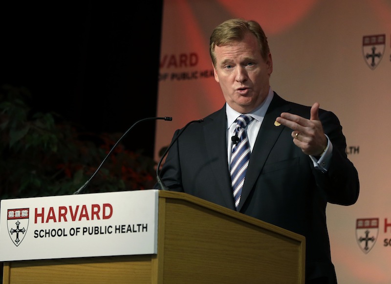 NFL football commissioner Roger Goodell delivers a Dean’s Distinguished Lecture at Harvard School of Public Health in Boston, Thursday, Nov. 15, 2012, where he discussed some of the rules that have been created to limit concussions in the game of football. Goodell said the league will do what it needs to do to protect the safety of its 1,800 players. (AP Photo/Elise Amendola)