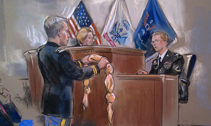 This artist rendering shows Army Pfc. Bradley Manning, right, being shown a bedsheet as he testified in his pretrial Wikileaks hearing in Fort Meade, Md., Friday, Nov. 30, 2012. Manning, who is charged with leaking classified material to WikiLeaks in the biggest security breach in the country's history testified Friday that he once tied a bedsheet into a noose while considering suicide after his arrest. (AP Photo/William Hennessy)
