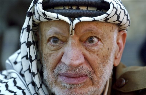 Palestinian leader Yasser Arafat in an October 2004 photo. He died in November 2004 at a French military hospital, a month after suddenly falling ill at his Ramallah compound, which was at the time besieged by Israeli troops.