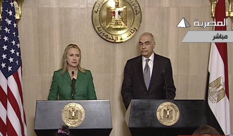 In this image made from Egyptian State Television, U.S. Secretary of State Hillary Rodham Clinton, left, and Egyptian Foreign Minister Mohammed Kamel Amr, right, give a joint news conference announcing a cease-fire between Israel and Hamas in Cairo, Egypt, Wednesday, Nov. 21, 2012. Egypt has announced a cease-fire agreement to end a week of fighting between Israel and Hamas militants in the Gaza Strip. Foreign Minister Mohammed Kamel Amr said the truce would take effect at 9 p.m. local time (2 p.m. EDT.) He made the announcement alongside visiting U.S. Secretary of State Hillary Rodham Clinton. (AP Photo/Egyptian State Television)