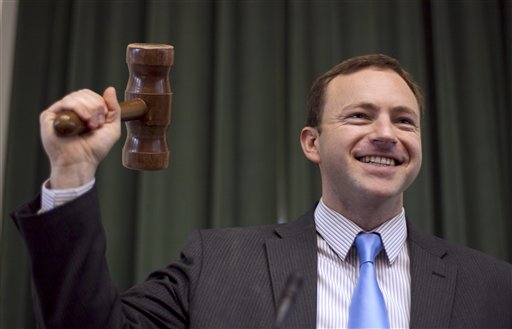 Newly elected Speaker of the House, Rep. Mark Eves, D-North Berwick, tries out the gavel Thursday. With Democrats back in control of Maine's Legislature, will Gov. LePage modify his approach to compromise? It doesn't appear he will.