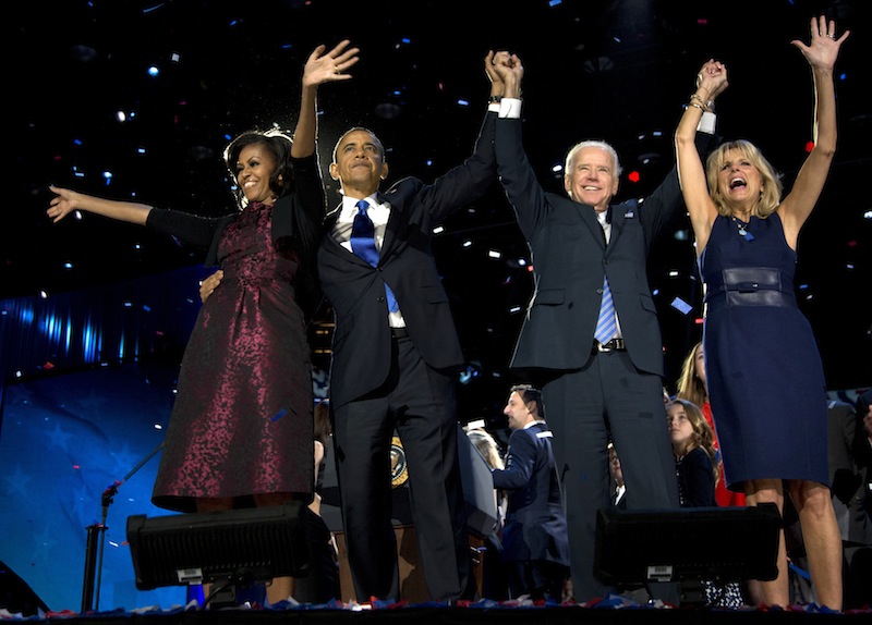 President Barack Obama, first lady Michelle Obama, Vice President Joe Biden and Jill Biden acknowledge the crowd at his election night party Wednesday, Nov. 7, 2012, in Chicago. President Obama defeated Republican challenger former Massachusetts Gov. Mitt Romney. (AP Photo/Carolyn Kaster)