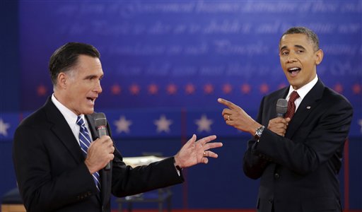 President Barack Obama and Republican presidential candidate Gov. Mitt Romney exchange views during the second presidential debate at Hofstra University on Oct. 16, 2012.