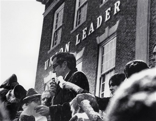 In this Feb. 26, 1972, photo Sen. Edmund Muskie, D-Maine, denounces conservative Manchester Union Leader publisher William Loeb in front of the newspaper's Manchester, N.H., building. Muskie's emotional speech came as he campaigned for the New Hampshire primary and the Democratic presidential nomination, which slid off the tracks after it was reported that he had cried in response to the newspaper's attack on his wife. Muskie maintained until his death that it had been melted snowflakes, not a tear, in his eye.