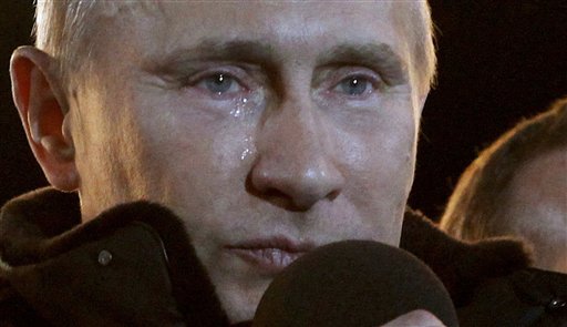 Russian Prime Minister Vladimir Putin, who claimed victory in Russia's presidential election, tears up as he reacts at a massive rally of his supporters outside the Kremlin in this March 4, 2012, photo.