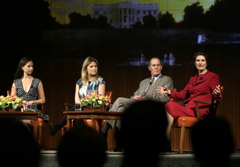 Lynda Johnson Robb, right, speaks during the Enduring Legacies of America’s First Ladies conference as she is joined on stage by, from left to right, Barbara Pierce Bush, Jenna Bush Hager and Steve Ford, Thursday, Nov. 15, 2012, in Austin, Texas. The children of three presidents discussed life in the White House as part of a conference on first ladies at the Lyndon B. Johnson Presidential Library. (AP Photo/David J. Phillip)