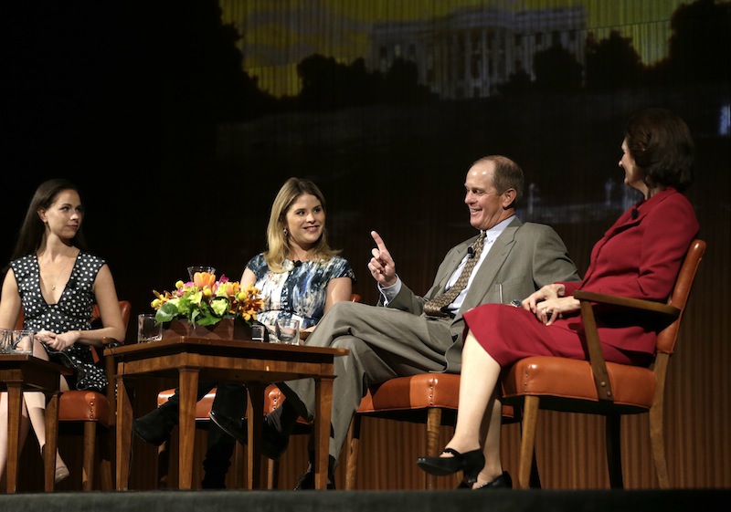 Steve Ford, second from right, talks about life in the White House as he is joined on stage by, from left to right, Barbara Pierce Bush, Jenna Bush Hager, and Lynda Johnson Robb during the Enduring Legacies of America’s First Ladies conference Thursday, Nov. 15, 2012, in Austin, Texas. The children of three presidents discussed life in the White House as part of a conference on first ladies at the Lyndon B. Johnson Presidential Library. (AP Photo/David J. Phillip)