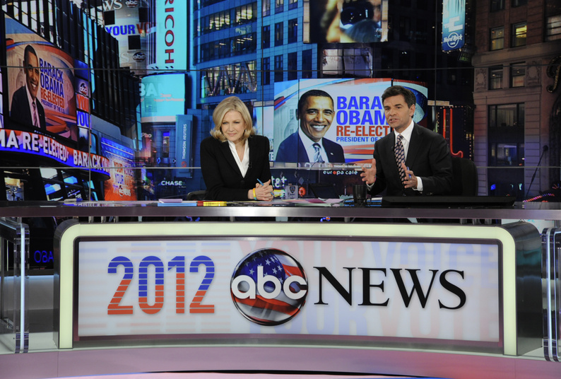 Diane Sawyer and George Stephanopoulos co-anchor ABC's election night coverage.