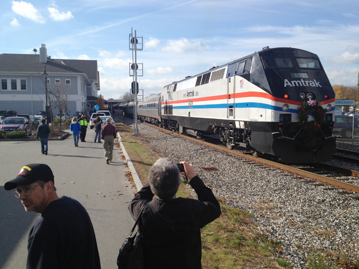 The Downeaster pulls into Brunswick station on time at 1:35 p.m. Thursday.