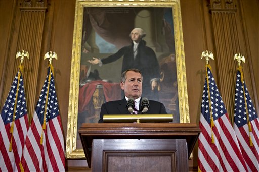 Speaker of the House John Boehner, R-Ohio, talks about the elections and the unfinished business of Congress, in a prepared statement at the Capitol in Washington, Wednesday, Nov. 7, 2012. The first post-election test of wills could start next week when Congress returns from its election recess to deal with unfinished business � including a looming "fiscal cliff" of $400 billion in higher taxes and $100 billion in automatic cuts in military and domestic spending to take effect in January if Congress doesn't head them off. Economists warn that the combination could plunge the nation back into a recession. (AP Photo/J. Scott Applewhite)