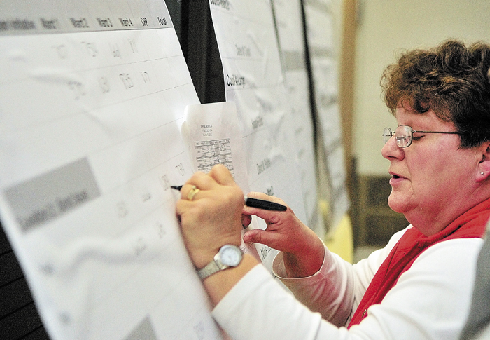 Debbie Pierce, who works in the Augusta City Clerk's office, writes numbers on the big results board on Election Night at Augusta City Center.