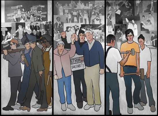 This file photo shows a mural depicting Maine's labor history. A federal appeals court has upheld a ruling that Gov. Paul LePage was within his rights to remove the 11-panel mural from a state office building.