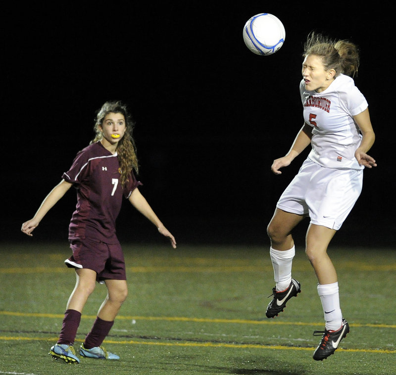 Katie Wahrer, right, is one of the mainstays on defense for Scarborough, which has allowed only four goals in 17 games. The Red Storm will face Bangor in Saturday’s Class A state championship game for the third year in a row.