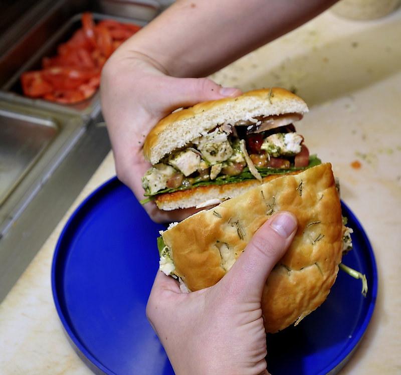 Vaughan Street Variety’s No. 7 focaccia sandwich boasts basil pesto chicken, sun-dried tomatoes, spinach, mushrooms, roasted red peppers and shaved Parmesan cheese.