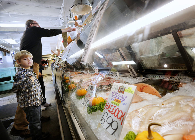 Miles Foster, 4, checks out the seafood for sale at Harbor Fish Market while his grandfather, Craig Foster of Portland, purchases haddock on Saturday.