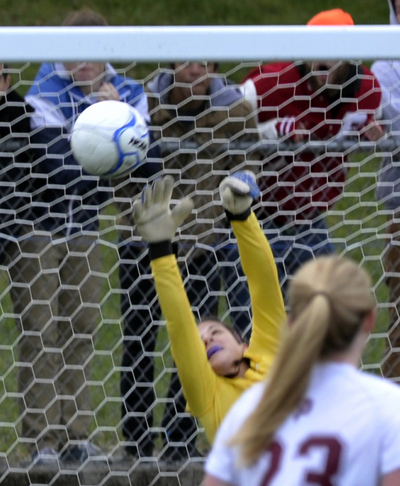 Sydney Martin of Scarborough made a few big saves for the Red Storm during the Class A state championship game on Saturday. And many came after she recovered from taking a hard shot to the throat in the first half.