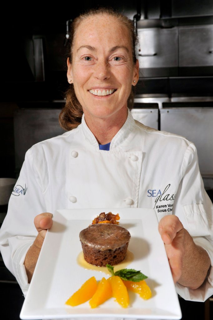 Karen Voter, sous chef at Sea Glass at Inn by the Sea in Cape Elizabeth, serves a sticky toffee pudding cake that is good for busy Thankgiving cooks because it’s easy to make and can be done at least a day ahead.