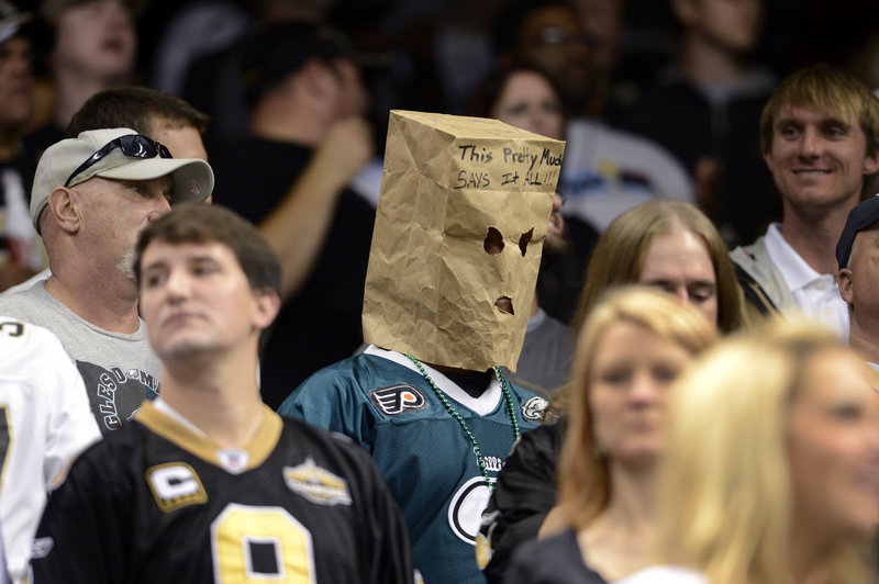 A disgruntled Philadelphia Eagles fan wears a bag that says, “This pretty much says it all” at last week’s game against New Orleans at New Orleans. The Saints beat the Eagles 28-13, and Philadelphia fell to 3-5 on the year.
