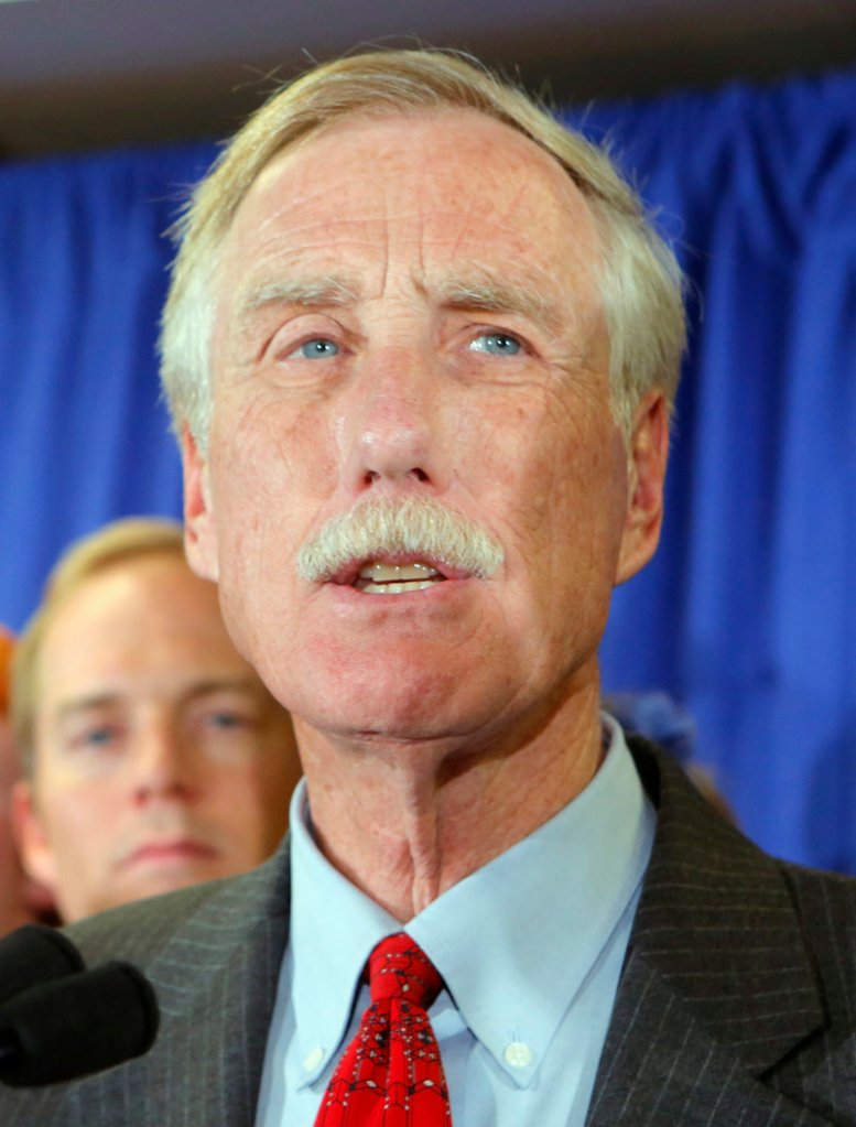 Former Gov. Angus King talks to supporters in Freeport after being declared the winner in Maine’s U.S. Senate race Tuesday.