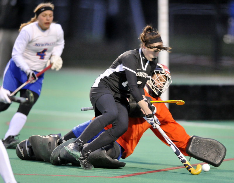Bowdoin’s Katie Riley is frustrated by SUNY-New Paltz goalkeeper Antonija Pjetri in first-half play of Wednesday’s playoff game in Brunswick.