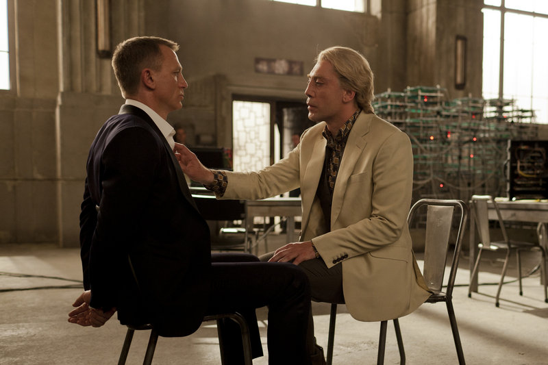 Daniel Craig, left, and Javier Bardem in a scene from “Skyfall.” Bardem says the first Bond movie he saw was “Moonraker’ when he was 12. He liked Jaws, the steel-toothed henchman in the film.