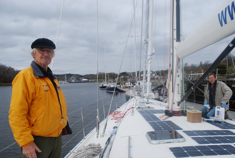 Stanley Paris, 76, standing on the deck of “Kiwi Spirit,” which was launched in Thomaston, has a year to prepare for the around-the-world, solo unassisted voyage that he hopes to complete in 120 days. The record for such a trip is 150 days, set by Dodge Morgan in 1986.