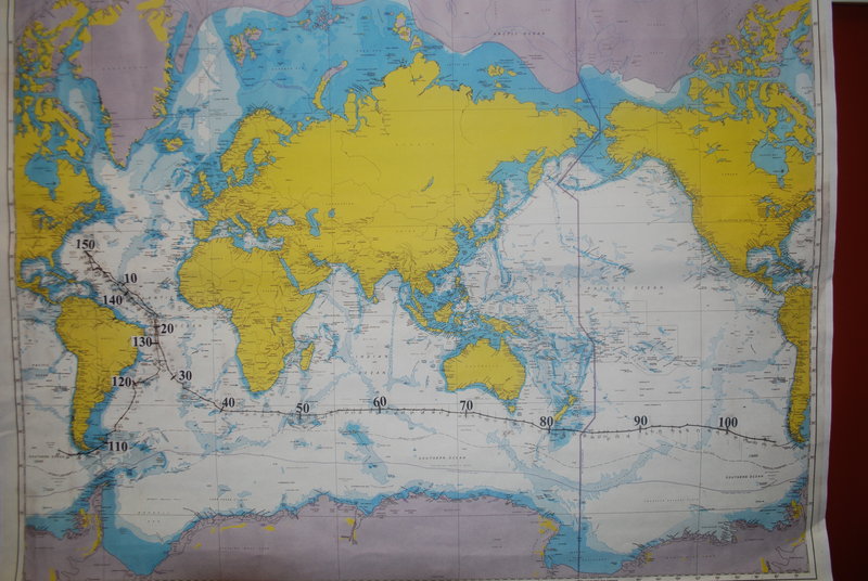 The map of sailor Dodge Morgan’s 1986 world record for a solo nonstop circumnavigation of the globe. Stanley Paris had the map made because he intends to break Morgan’s record of 150 days.