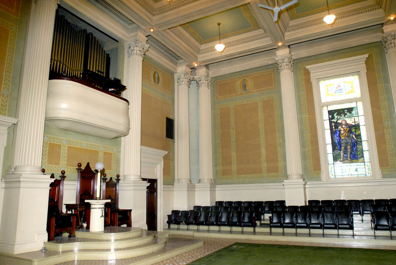 Portland’s Masonic Temple, whose interior can be seen at left, is on Greater Portland Landmarks’ first-ever list of Places in Peril.