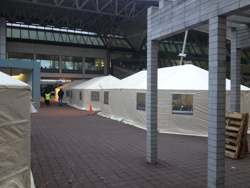 Here’s a view of some of the seven mobile field hospital tents that were set up on the commons at Lehman College in the Bronx to serve people who were evacuated from nearby hospitals, nursing homes and residences before Hurricane Sandy.