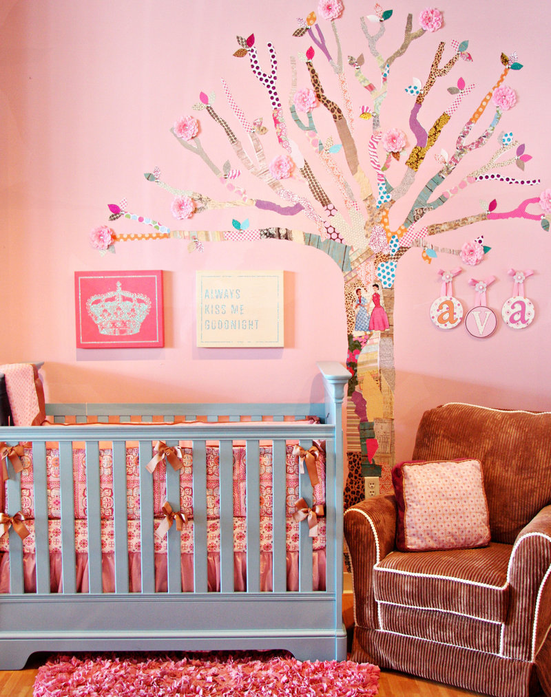 Wall trees, a popular design trend for babies’ rooms, become a bit more affordable with scrapbook paper and a little elbow grease.