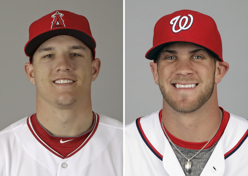 Mike Trout, left, and Bryce Harper