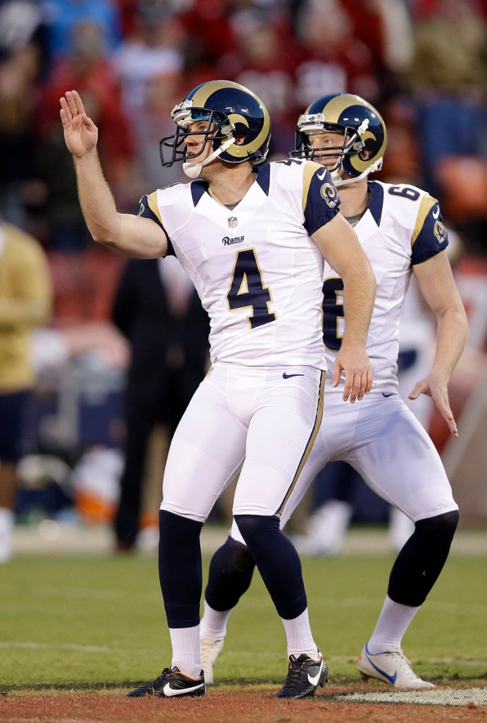 Greg Zuerlein, kicker of the St. Louis Rams, tries to direct an errant field-goal attempt during overtime of Sunday’s 24-24 tie with San Francisco.