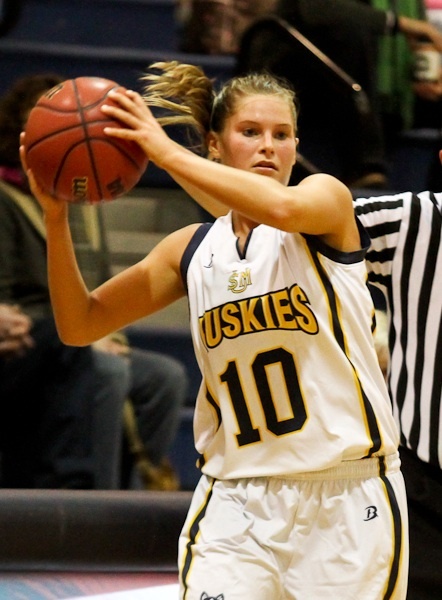 Nicole Garland is a leader for the Huskies, and a master at 3-point shooting. She has 136 for her career and has a shot at the school record of 207.