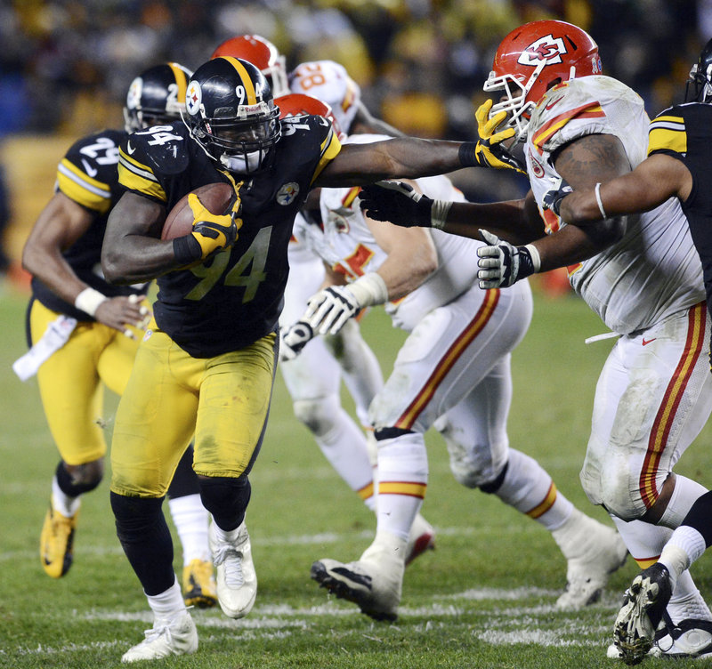 Lawrence Timmons returns an interception deep into Kansas City territory to set up the winning field goal in Monday’s 16-13 overtime victory in Pittsburgh.