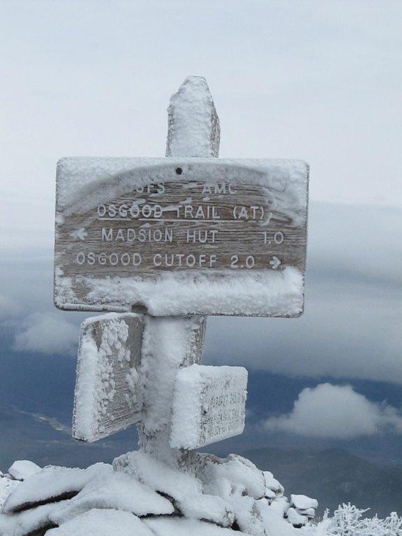 Snow covers a trail marker on Mt. Madison during the Windham High Outing Club’s expedition two weeks ago.