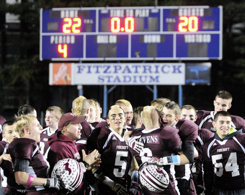 Game over and the Fitzpatrick Stadium scoreboard shows all that’s needed to know. Foxcroft Academy became the Class C state champion Saturday, capping an 11-1 season with a 22-20 victory against Winslow.